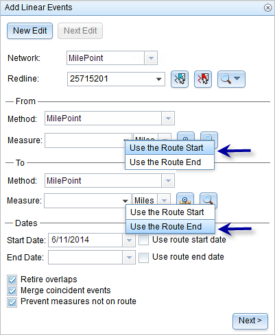 Get the from and to measure values of the event from the route start and route end values Get the from and to measure values of the event from the route start and route end values